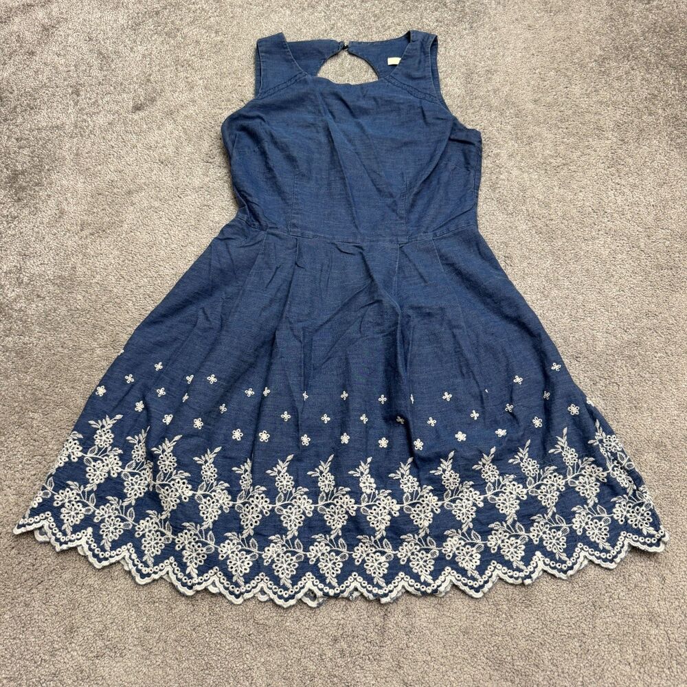 Oasis Chambray Embroidered Scallop Hem Cutout Fit Flare Dress Womens 8 UK12 Blue